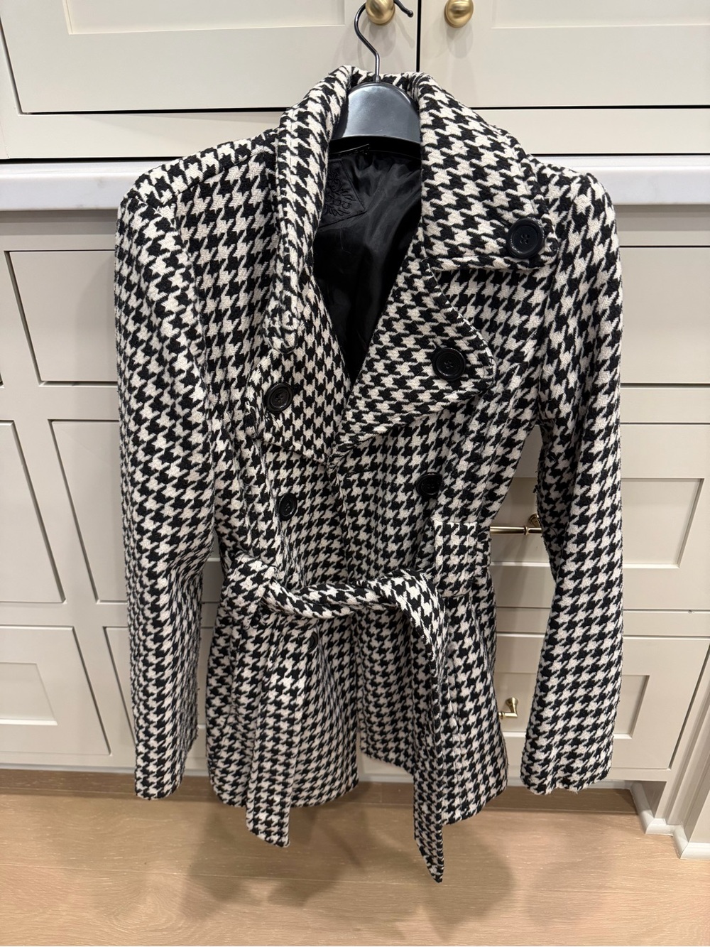 Jou Jou Black & White Houndstooth Double-Breasted Belted Pea Coat